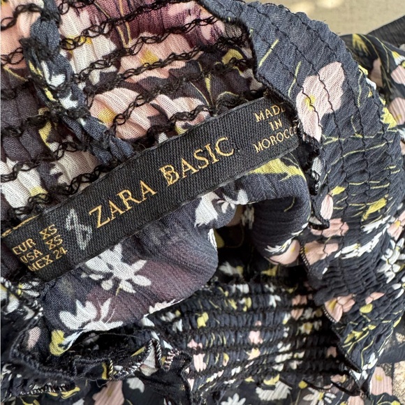 Zara Basics Sheer Floral Ruffle Neck Blouse - Smock Waist and Cuffs - Picture 2 of 9